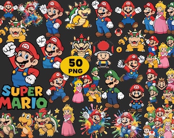 Super Mario PNG-bundel | Mario en vrienden-clipart | Super Mario-personages, -logo's en -elementen | Digitale download