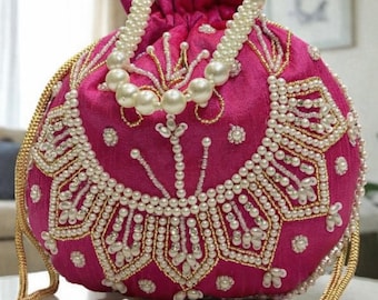 Pearl Embroidered Bridal Potli Bag | Handmade Indian Wedding Clutch