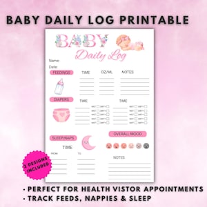 First Time Mum Baby Daily Log Printable | Newborn Feeding Nappy & Sleep Tracker | Health Visitor Log | A4 US Letter PDF | Baby Girl