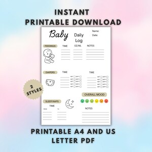 First Time Mum Baby Daily Log Printable | Newborn Feeding Nappy & Sleep Tracker | Health Visitor Log | A4 US Letter PDF