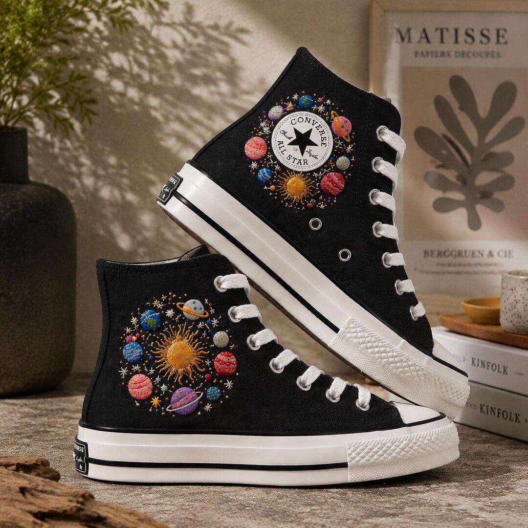 Planetary Embroidered High Top Sneakers, Solar System & Stars Design ...