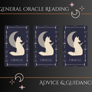 May include: Three oracle cards with a navy blue background, each featuring a white fox silhouette in front of a crescent moon. The cards are framed with a gold border, and the text "GENERAL ORACLE READING" and "ADVICE & GUIDANCE" are displayed.