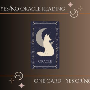 Puede incluir: Una carta de tarot con una silueta de zorro color crema frente a una luna creciente sobre un fondo azul marino. La carta está enmarcada con un borde dorado e incluye el texto "YES/NO ORACLE READING" y "ONE CARD - YES OR NO".