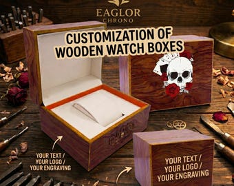 Gepersonaliseerde premium houten horlogedoos, op maat gemaakte gegraveerde horlogekast, luxe houten horlogegeschenkdoos, logo en fotogravure