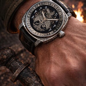 May include: A detailed wristwatch with a black face and silver-colored accents. The watch features a tree of life design and a leather band. The watch is being held by a person.