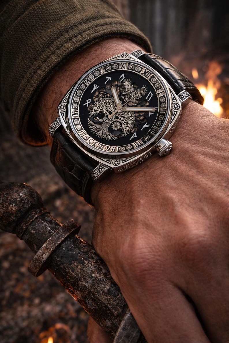 May include: A detailed wristwatch with a black face and silver-colored accents. The watch features a tree of life design and a leather band. The watch is being held by a person.