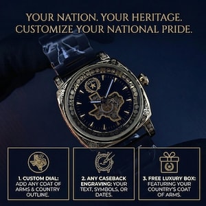May include: A gold-toned watch with a dark blue face featuring a Texas outline and star. The watch has intricate detailing and the text "YOUR NATION. YOUR HERITAGE. CUSTOMIZE YOUR NATIONAL PRIDE." is at the top. Additional text describes customization options.