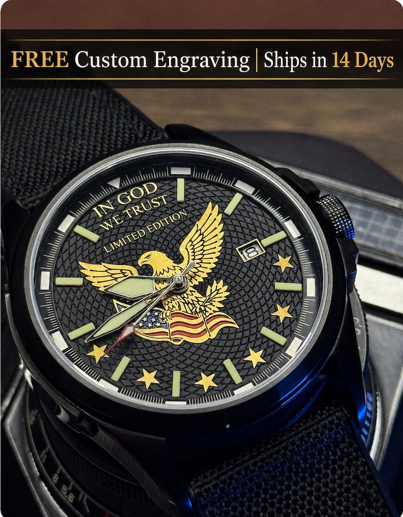 Benutzerdefinierte Vaterländischer Adler Uhr - 4. Juli Geschenk für Männer, Panzermuschel-Zifferblatt, graviertes veteranisches Geschenk, limitierte Automatikuhr Bild 1