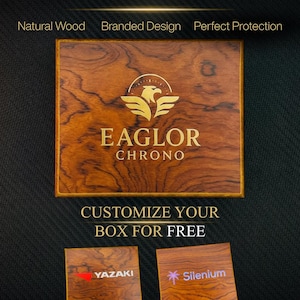 K&ouml;nnte beinhalten: Eine Premium-Holzkiste mit dem Text "EAGLOR CHRONO". Die Kiste hat ein nat&uuml;rliches Holzmaserungsdesign und den Text "Gestalten Sie Ihre Box KOSTENLOS". Enth&auml;lt Platz f&uuml;r ein pers&ouml;nliches Logo, eine individuelle Inschrift und ein unvergessliches Datum.