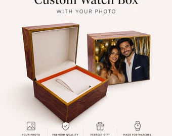 Gepersonaliseerde horlogedoos voor hem, aangepaste fotohorlogedoos, houten horlogekast, jubileumcadeau voor echtgenoot, luxe horloge geschenkdoos