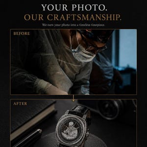 Op de afbeelding: Advertentie voor een op maat gemaakte horlogeservice. De afbeelding toont een luxe horloge met een zwarte leren band en een gedetailleerde wijzerplaat. Tekst bevat "YOUR PHOTO. OUR CRAFTSMANSHIP." en "We turn your photo into a timeless timepiece."