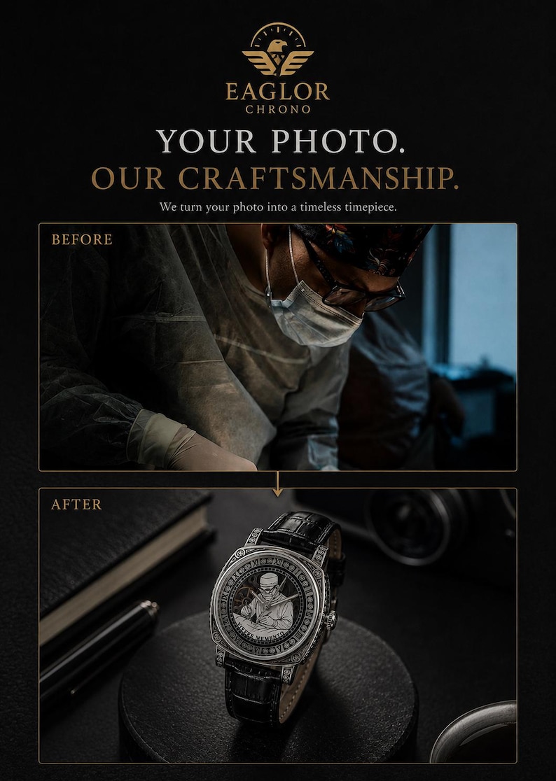 Op de afbeelding: Advertentie voor een op maat gemaakte horlogeservice. De afbeelding toont een luxe horloge met een zwarte leren band en een gedetailleerde wijzerplaat. Tekst bevat "YOUR PHOTO. OUR CRAFTSMANSHIP." en "We turn your photo into a timeless timepiece."