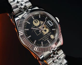 Relógio personalizado para clube de bilhar, com movimento automático Seiko e vidro de safira.