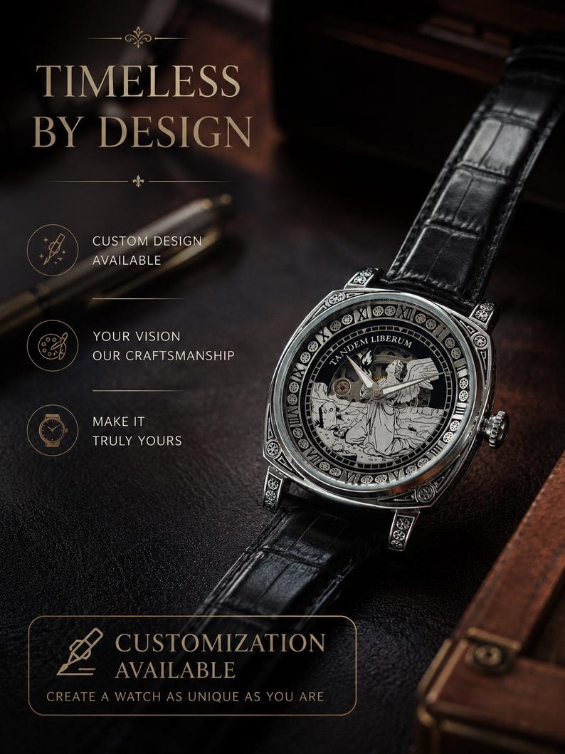 Puede incluir: Un reloj de pulsera plateado con correa de cuero negro con patr&oacute;n de cocodrilo. La esfera muestra una ilustraci&oacute;n detallada de un &aacute;ngel, n&uacute;meros romanos y el texto TANDEM LIBERUM. El texto TIMELESS BY DESIGN, CUSTOM DESIGN AVAILABLE, YOUR VISION OUR CRAFTSMANSHIP, MAKE IT TRULY YOURS y CUSTOMIZATION AVAILABLE CREATE A WATCH AS UNIQUE AS YOU ARE son visibles.