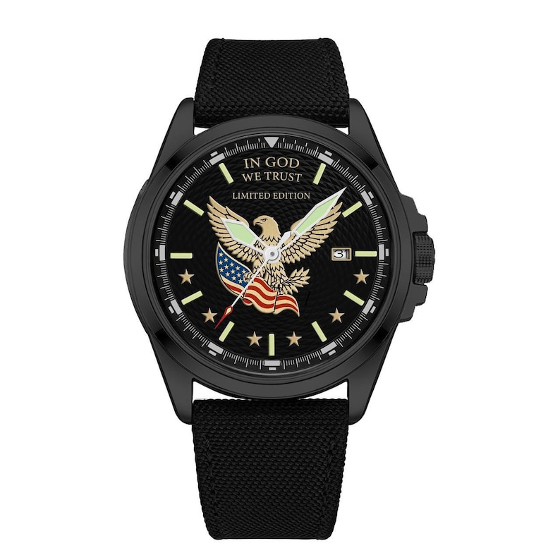 May include: Black wristwatch with a black fabric band. The watch face features an American flag, an eagle, and the text "IN GOD WE TRUST" and "LIMITED EDITION". The watch has a date display at the 3 o'clock position and star accents.