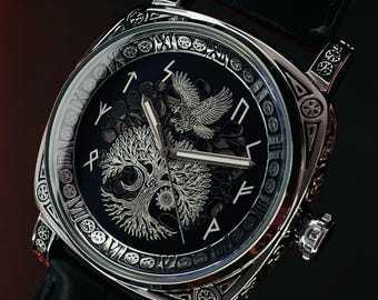 Custom Tree of Life Mechanical Watch – Viking Runes, Eagle Engraving, Leather Strap