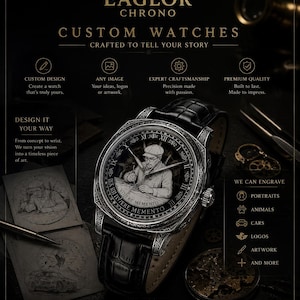Op de afbeelding: Een op maat gemaakt horloge met een zwarte leren band en een gedetailleerde wijzerplaat met een tekening van een man. De wijzerplaat heeft Romeinse cijfers en de woorden "Vivere Memento". De afbeelding bevat ook de tekst "EAGLOR CHRONO CUSTOM WATCHES".