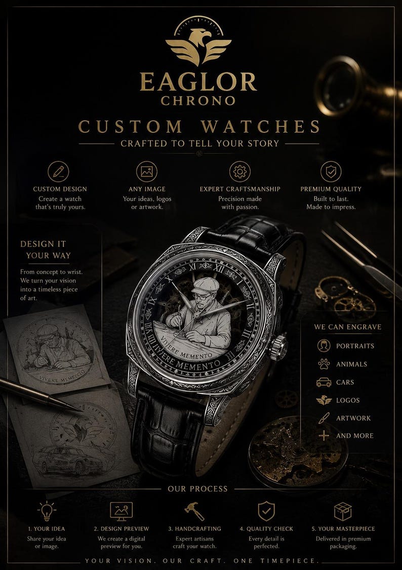 Op de afbeelding: Een op maat gemaakt horloge met een zwarte leren band en een gedetailleerde wijzerplaat met een tekening van een man. De wijzerplaat heeft Romeinse cijfers en de woorden "Vivere Memento". De afbeelding bevat ook de tekst "EAGLOR CHRONO CUSTOM WATCHES".