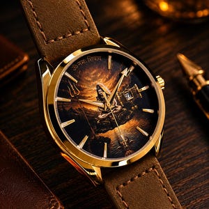 K&ouml;nnte beinhalten: Eine goldfarbene Armbanduhr mit braunem Lederarmband, die auf dem Zifferblatt eine detaillierte Illustration von Lord Shiva, goldene Zeiger, ein Datumsfenster mit der Anzeige 27 und den Sanskrit-Text Om Namah Shivaya am oberen Rand zeigt.