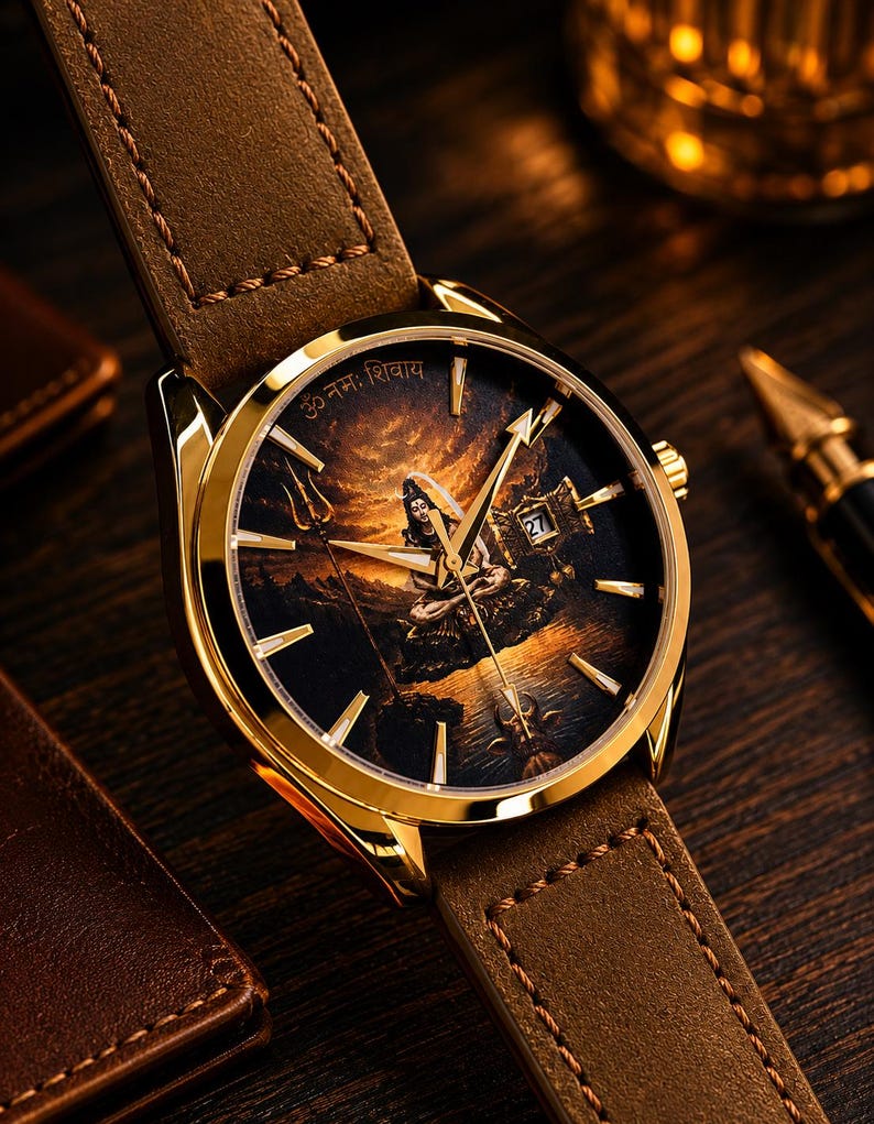 K&ouml;nnte beinhalten: Eine goldfarbene Armbanduhr mit braunem Lederarmband, die auf dem Zifferblatt eine detaillierte Illustration von Lord Shiva, goldene Zeiger, ein Datumsfenster mit der Anzeige 27 und den Sanskrit-Text Om Namah Shivaya am oberen Rand zeigt.