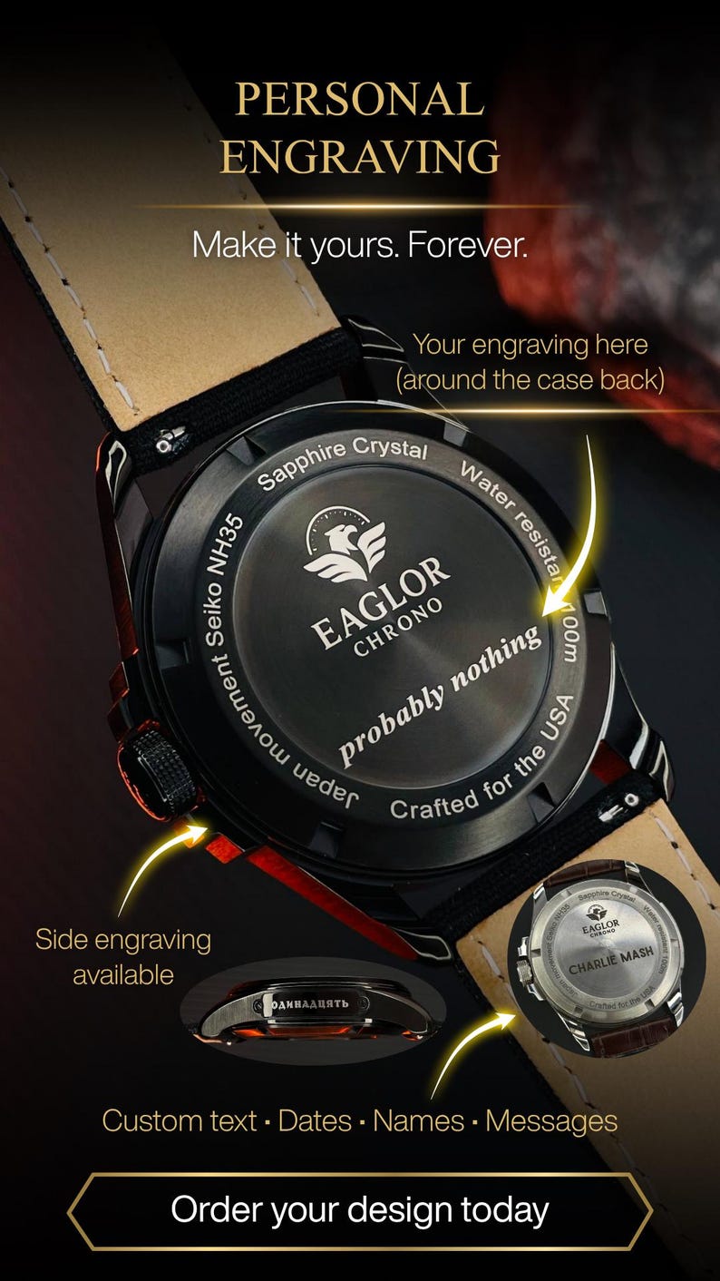 K&ouml;nnte beinhalten: Schwarze Eaglor Chrono Uhr mit Lederarmband. Das schwarze Zifferblatt zeigt den Text "probably nothing" und "Crafted for the USA". Die Uhr hat ein Saphirglas und ist wasserdicht bis 100m. Pers&ouml;nliche Gravur ist verf&uuml;gbar.