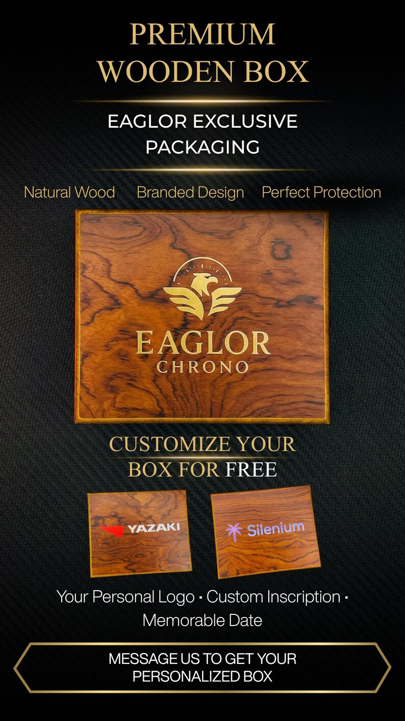 K&ouml;nnte beinhalten: Eine hochwertige Holzbox mit dem Text "EAGLOR CHRONO" und "PASSEN SIE IHRE BOX KOSTENLOS AN". Die Box hat ein nat&uuml;rliches Holzmaserungsdesign und ein goldenes Logo. Der Text "Ihr pers&ouml;nliches Logo" ist ebenfalls sichtbar.