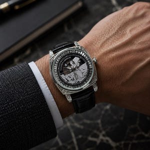 Puede incluir: Un reloj de pulsera cuadrado de tono plateado con correa de cuero negro. La esfera presenta una ilustraci&oacute;n detallada en blanco y negro de una figura alada, el texto "TANDEM LIBERUM" y un borde con n&uacute;meros romanos y motivos decorativos.