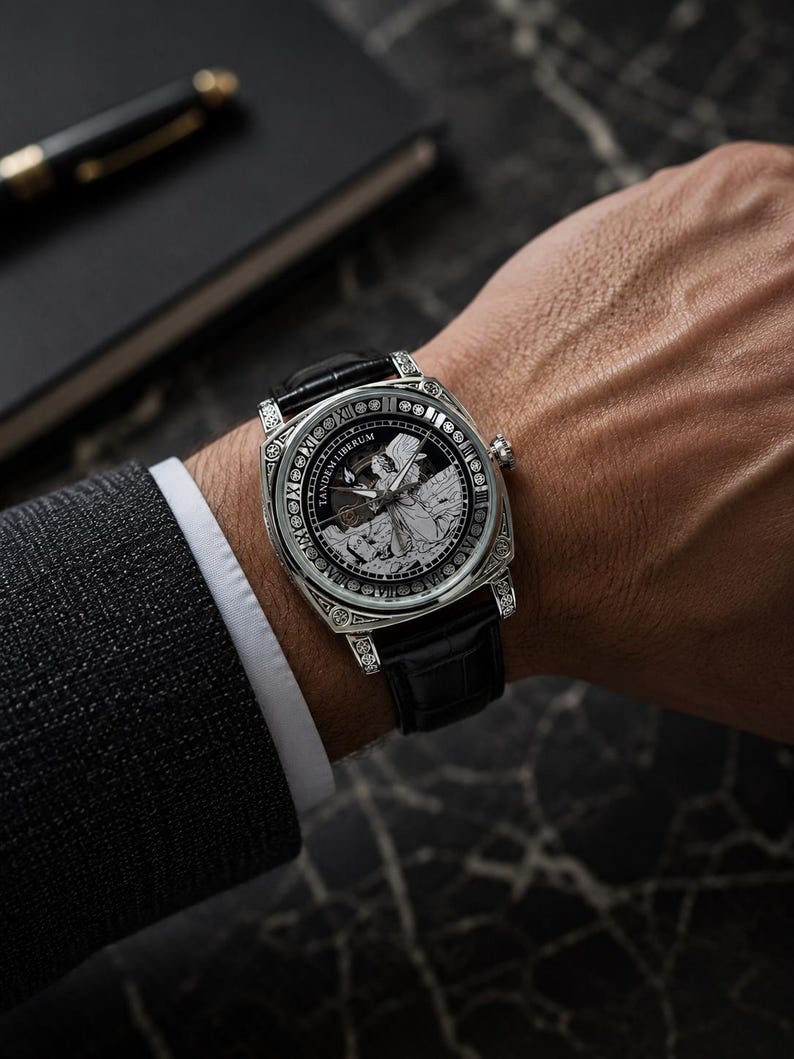 Puede incluir: Un reloj de pulsera cuadrado de tono plateado con correa de cuero negro. La esfera presenta una ilustraci&oacute;n detallada en blanco y negro de una figura alada, el texto "TANDEM LIBERUM" y un borde con n&uacute;meros romanos y motivos decorativos.