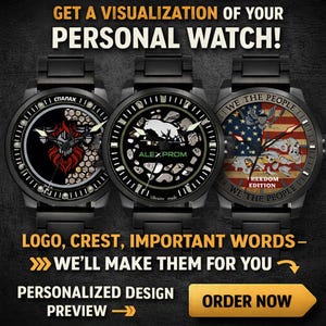 Può includere: Tre orologi da polso neri con design personalizzati. Uno presenta un design a leone rosso e nero, un altro un toro bianco e il terzo una bandiera americana. Gli orologi hanno il testo "GET A VISUALIZATION OF YOUR PERSONAL WATCH!" e "WE THE PEOPLE".