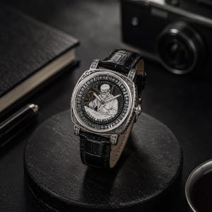 Op de afbeelding: Een zilveren polshorloge met een zwarte leren band. De wijzerplaat heeft een gedetailleerde gravure van een persoon die schrijft, omringd door Romeinse cijfers en de woorden "Vivere Memento". Het horloge wordt op een zwarte standaard getoond.