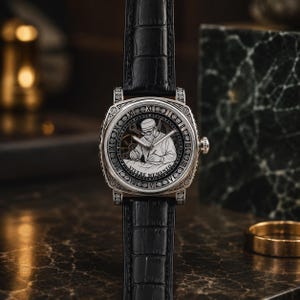 Op de afbeelding: Een zilverkleurig polshorloge met een zwarte leren band. De wijzerplaat toont een gedetailleerde gravure van een schrijvende persoon, omringd door Romeinse cijfers en de woorden "Vivere Memento". Het horloge heeft een vierkante wijzerplaat en een zwarte band.