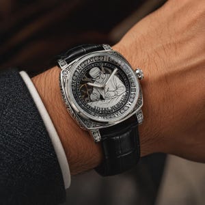 Op de afbeelding: Zilverkleurig polshorloge met een zwarte leren band. De wijzerplaat van het horloge heeft een gedetailleerde gravure van een werkende persoon, omringd door Romeinse cijfers en de woorden "Vivere Memento". Het horloge wordt om de pols gedragen.