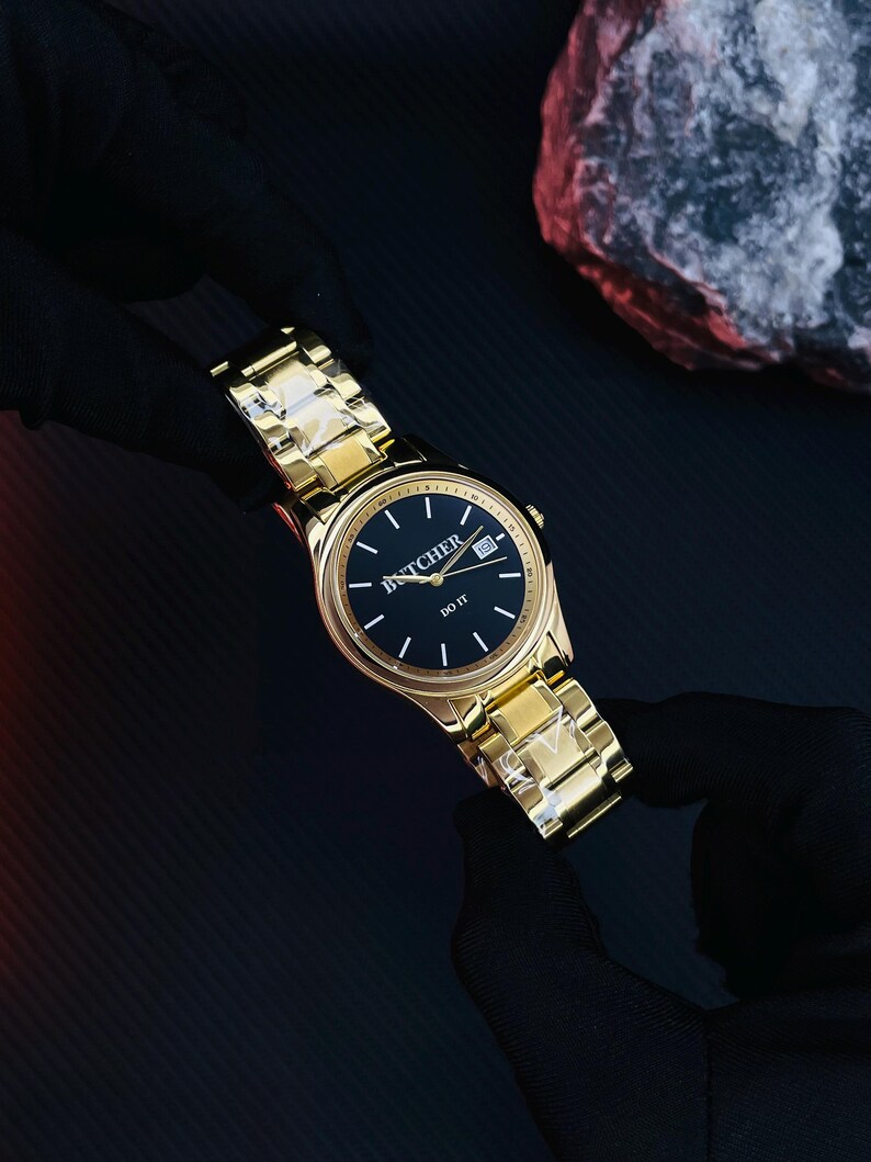 Gold Stainless Steel Watch, Custom Engraved Japanese Movement, Ukrainian Handmade Dial image 2