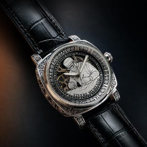 Könnte beinhalten: Eine silberfarbene Armbanduhr mit schwarzem Lederarmband. Das Zifferblatt zeigt eine gravierte Illustration einer arbeitenden Person mit den Worten "VIVERE MEMENTO" am Rand. Die Uhr hat römische Ziffern.