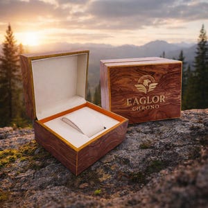 K&ouml;nnte beinhalten: Zwei h&ouml;lzerne Uhrenboxen mit nat&uuml;rlicher Holzmaserung. Eine Box ist ge&ouml;ffnet und zeigt einen wei&szlig;en Innenraum und einen Uhrenhalter. Die andere Box ist geschlossen und zeigt das goldene "EAGLOR CHRONO" Logo. Die Boxen stehen vor einer Bergkulisse.