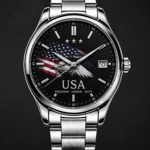 以下が含まれることがあります： アメリカ国旗とワシが描かれた黒い文字盤のシルバーの腕時計。「USA」の文字と「FREEDOM HONOR DUTY」の文字が表示されています。3時の位置に日付表示があります。