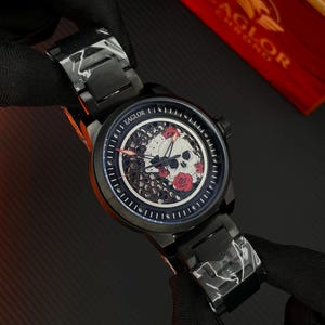 Custom Automatic Skull Roses Poker Watch, Stainless Steel Gambler Timepiece