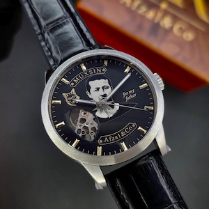 Personalized Photo Dial Mechanical Watch, Custom Engraved Stainless Steel Timepiece image 2