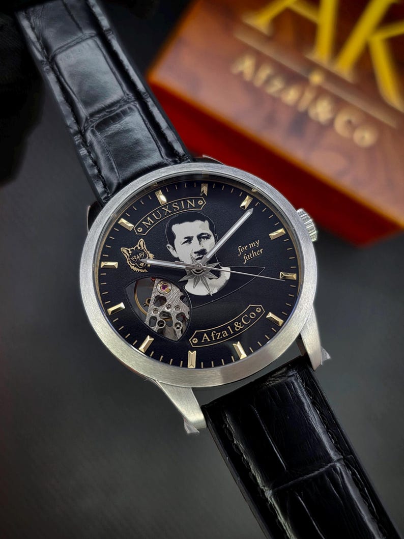 Personalized Photo Dial Mechanical Watch, Custom Engraved Stainless Steel Timepiece image 2