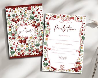 Convite de aniversário com tema de morango para imprimir, convite para festa com frutas em aquarela, modelo de convite em branco para preencher, PDF para chá de bebê de verão