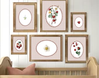Conjunto de Arte de Parede para Quarto Infantil com Morangos, Impressões Vintage em Xadrez Vichy, Decoração Botânica Imprimível para Quarto de Crianças, Conjunto Grande em PDF A2 com 6 Peças