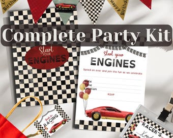 Kit completo para festa de aniversário com tema de corrida de carros, convites imprimíveis com bandeira quadriculada, conjunto de etiquetas de lembrancinha vintage com passe VIP para os boxes (tamanho A4).