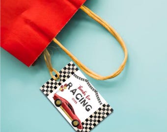 Etiquetas para lembrancinhas de festa com tema de corrida de carros, etiquetas imprimíveis de agradecimento pela corrida, adesivo retrô com bandeira quadriculada para sacola de lembrancinhas de aniversário de menino, PDF digital A4
