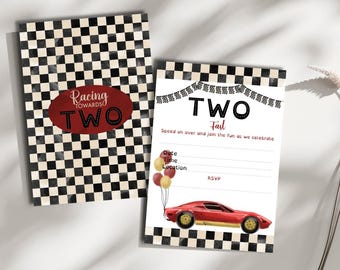 Convite de Aniversário "Two Fast", Convite para Festa de 2 Anos com Carro de Corrida Vintage, Modelo em Branco "Racing Towards Two", Bandeira Quadriculada Retrô Digital A5 A6