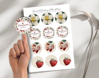 Adesivos de cozinha com morango para imprimir, etiquetas para confeitaria artesanais em PDF, etiquetas para presentes com tema de comida em aquarela, conjunto de 5 adesivos para pote de biscoitos e bolo de fermentação natural
