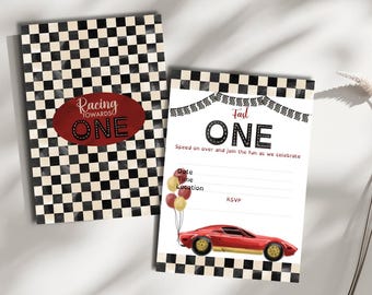 Convite de Aniversário "Fast One", Convite para Festa de 1 Ano com Tema de Carro de Corrida Vintage, Modelo em Branco "Racing Towards One", Bandeira Quadriculada Retrô Digital A5 A6