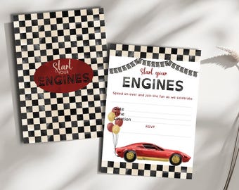 Convite de aniversário imprimível com tema de carro de corrida, convite para festa de menino com bandeira quadriculada vintage, modelo em branco para preencher com a frase "Liguem os motores", formato digital A5 e A6.