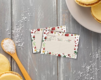 Cartões de Receitas de Morango para Imprimir, Cartão de Anotações Dupla Face com Frutas em Aquarela, Cartão de Receitas para Chá de Panela em PDF, Download de Presente para Cozinha 6x4 e 7x5