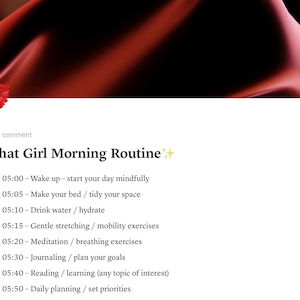 Può includere: Una lista di controllo digitale intitolata "That Girl Morning Routine" con un marchio di bacio rosso in alto. L'elenco include attività come svegliarsi, fare il letto, bere acqua, fare stretching, meditare, scrivere un diario, leggere e pianificare.