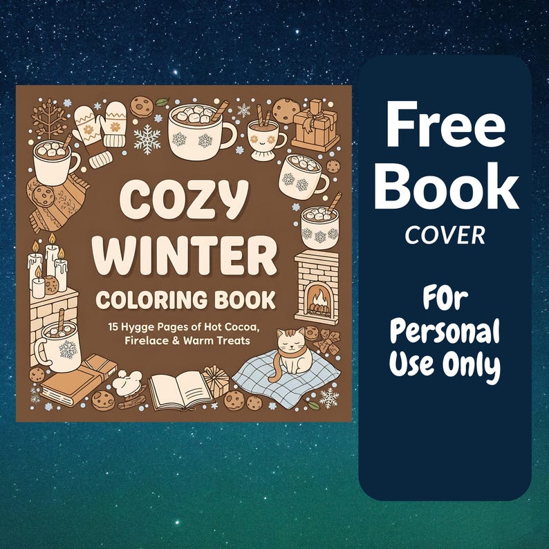 May include: A brown "Cozy Winter Coloring Book" cover with illustrations of hot cocoa, a fireplace, and cookies. The cover also includes the text "Free Book Cover For Personal Use Only."